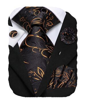 8932 Tie Set Black and Copper Floral Silk Necktie with Lapel Pin Pocket
